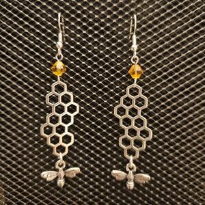 Antique silver honeycomb and bee dangle earrings